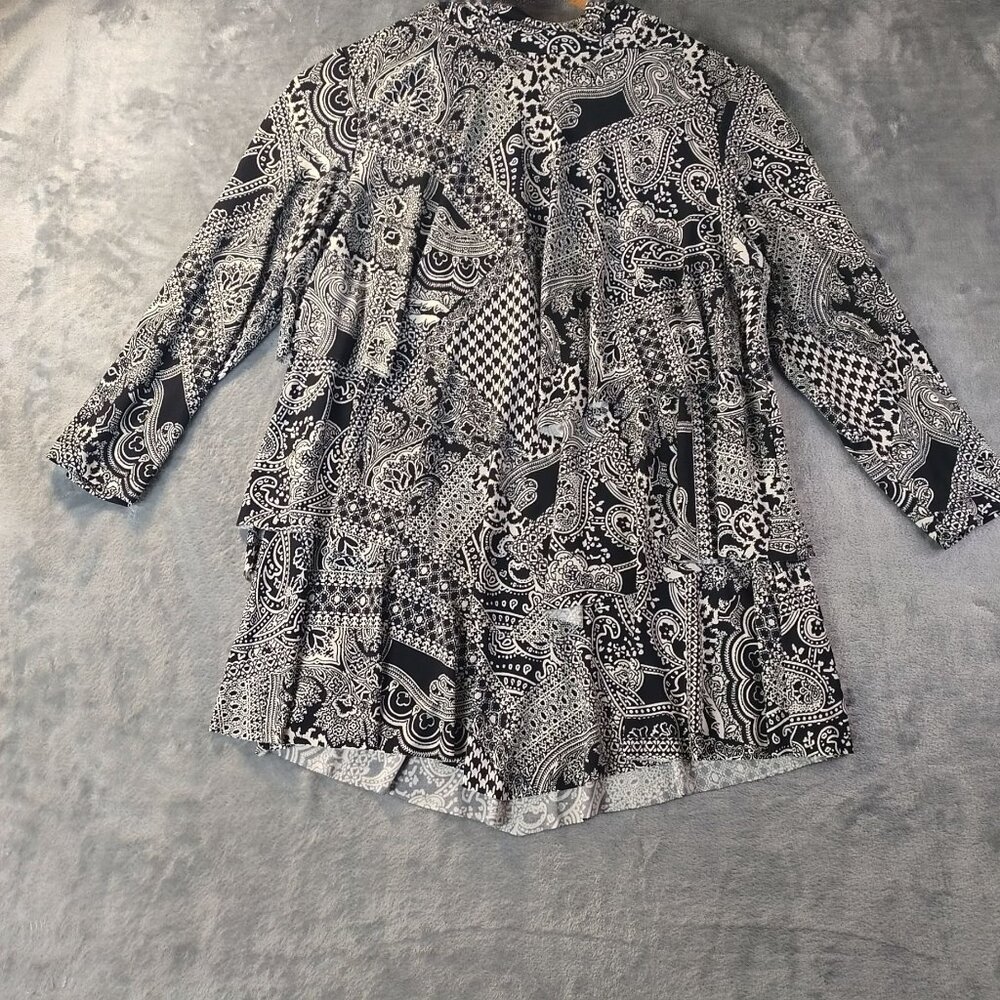 Susan Graver Womens Tunic XS‎ Black White Paisley Print Long Sleeve Stretch Top